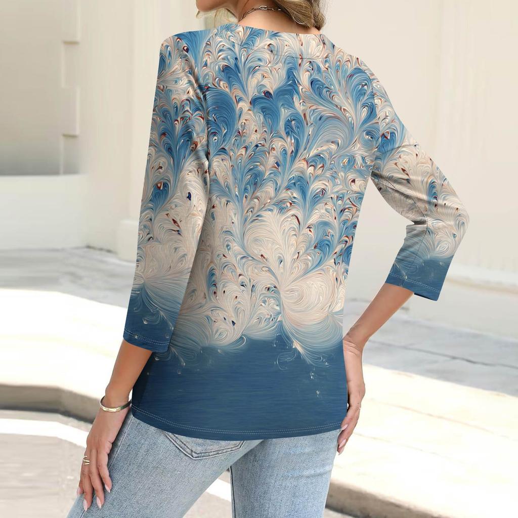 Women's Fashion Casual Print Button-down Shirt 3/4 Long Sleeve Tops
