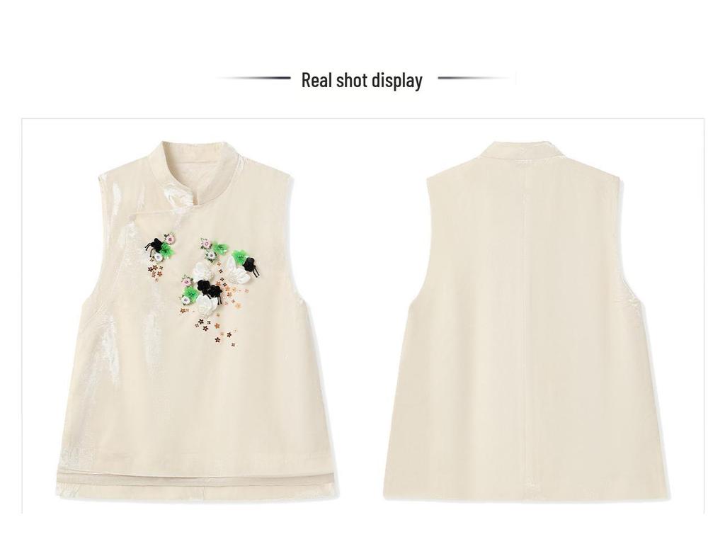 White Beaded Embroidery Vest with Stand-up Collar Shirt and Skirt - New Chinese Style Suit for Women, NZ019