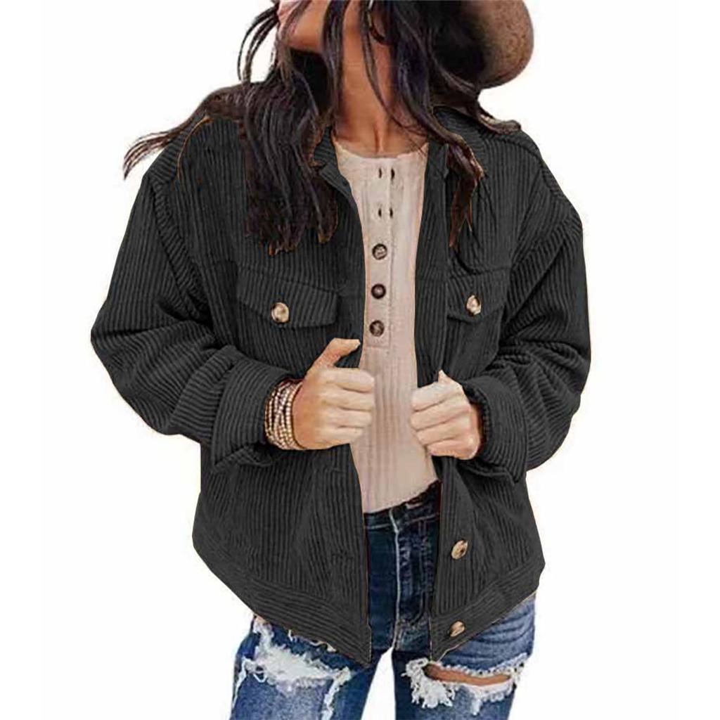 Women's  And Winter Loose Corduroy Lapel Double Pockets Long-Sleeved Shirt Jacket