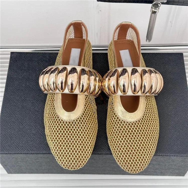 

Модные сетчатые мюли с металлической пряжкой, плоские туфли для женщин, летние дышащие удобные балетки, модная повседневная обувь на мягкой подошве 40