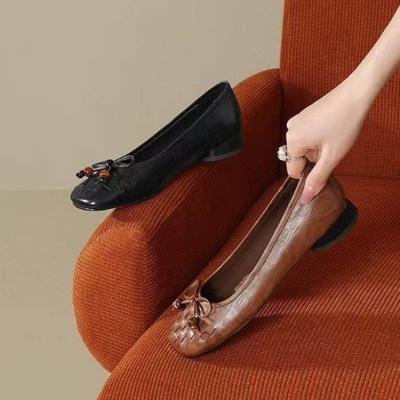 2025 New French Bow Single Shoes Square Head Shallow Mouth Women's Shoes Autumn New Ladyshoes Retro Versatile One Pedal
