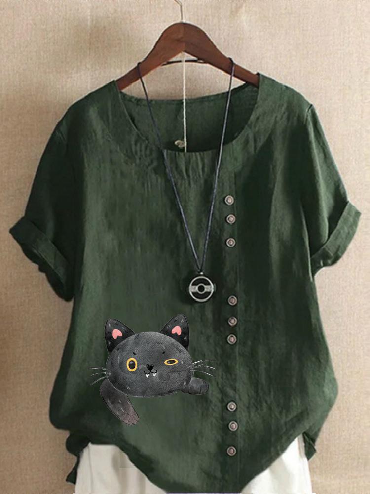 Women's Fashion Cat Printing Casual Cotton Linen Short Sleeve Round Neck T-shirt Shirt Leisure Loose Summer Blouse Tops