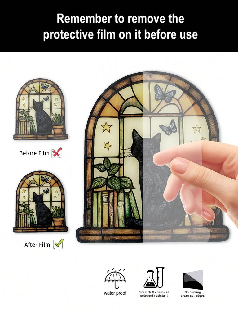 Acrylic Black Cat Window Hanging Decor, Arch Window with Butterfly/Stars/Books/Plants Design, Art Wall Ornaments for Home&Garden