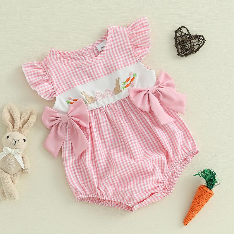 Citgeett Summer Easter Infant Baby Girl Casual Bodysuit Flying Sleeve Bunny Carrot Embroidery Plaid Jumpsuit Clothes