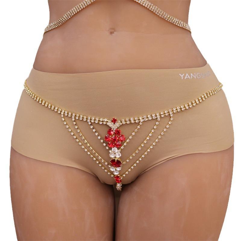 European And American Ruby Red Mixed White Bikini Body Chain Trendy Rhinestone Underwear Chain
