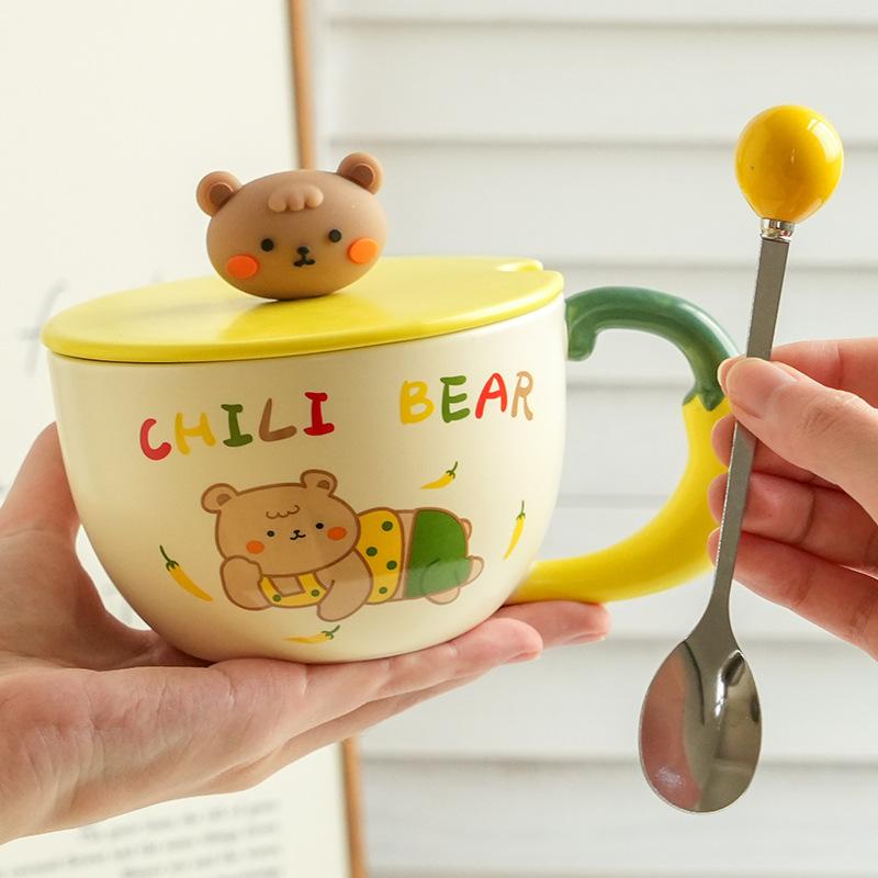 Cute And High-Value Bear Ceramic Cup With Lid And Spoon, Home Office Couple Water Cup Girl Gift