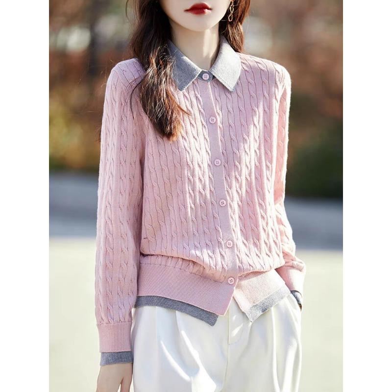 New Autumn Style Doll Collar Buckle Knitted Cardigan for Women with Fake Two-piece Cable POLO Collar Contrasting Twist Sweater