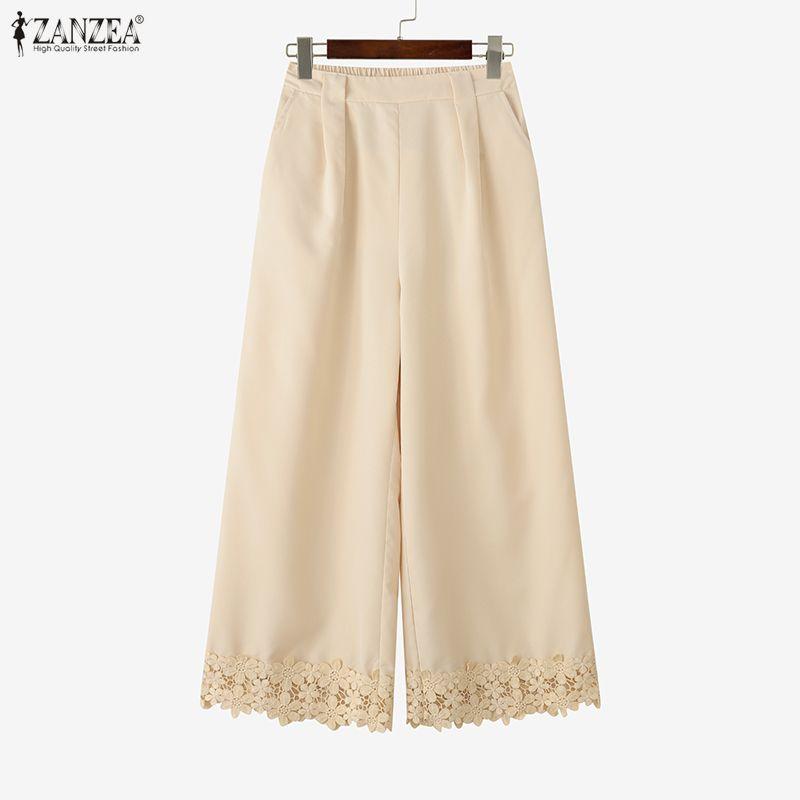 ZANZEA Women Casual Elastic Waist Loose Casual Wide Leg Pants