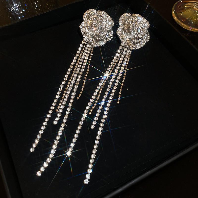 Silver Needle Diamond Water Drop Tassel Earrings - Elegant Court Style, Versatile & Luxurious Design.