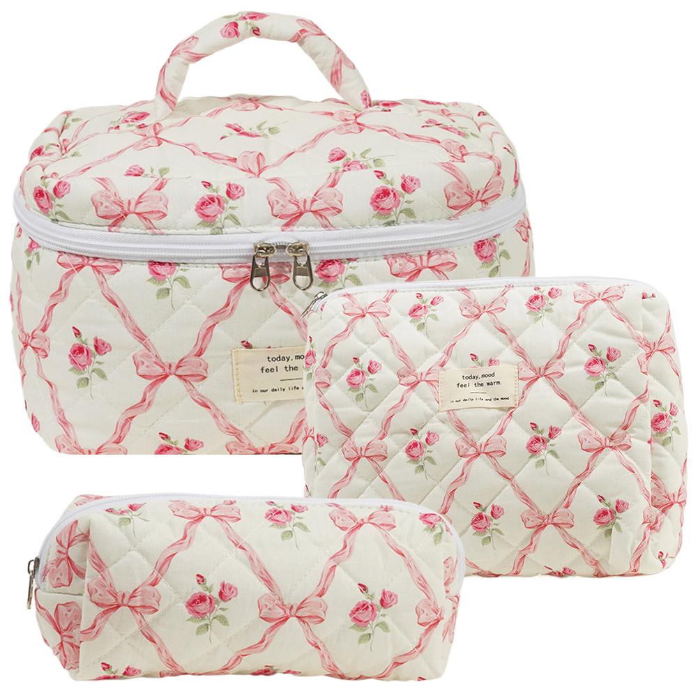 3Pcs Makeup Bag Set Cosmetic Organizer Bag Large Capacity Quilted Coquette Toiletry Bag Aesthetic Cotton for Outdoor Travel