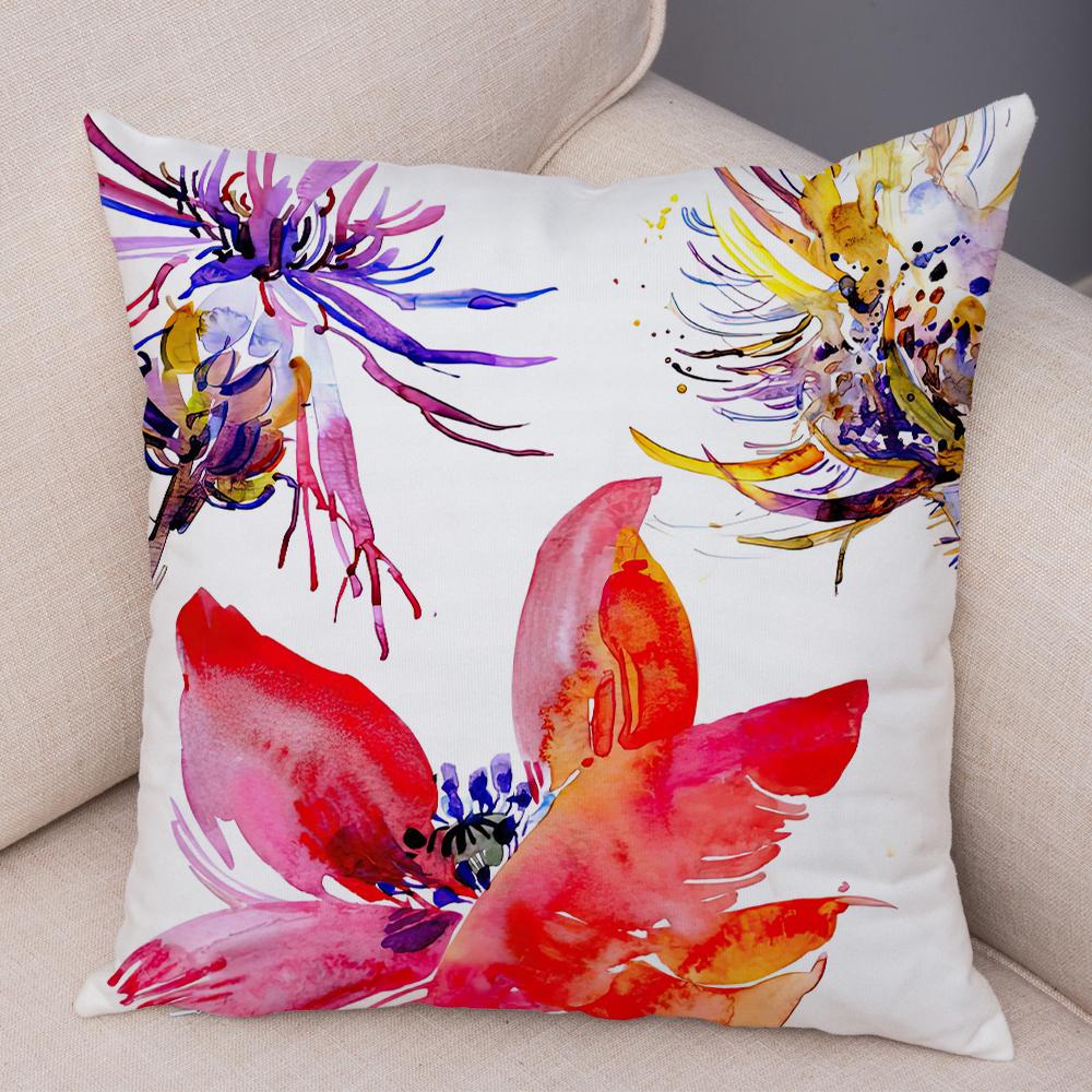 Watercolor Floral Cushion Cover Abstract Poppy Flower Art Print Soft Fabric Living Room Sofa Home Decor Pillow Case