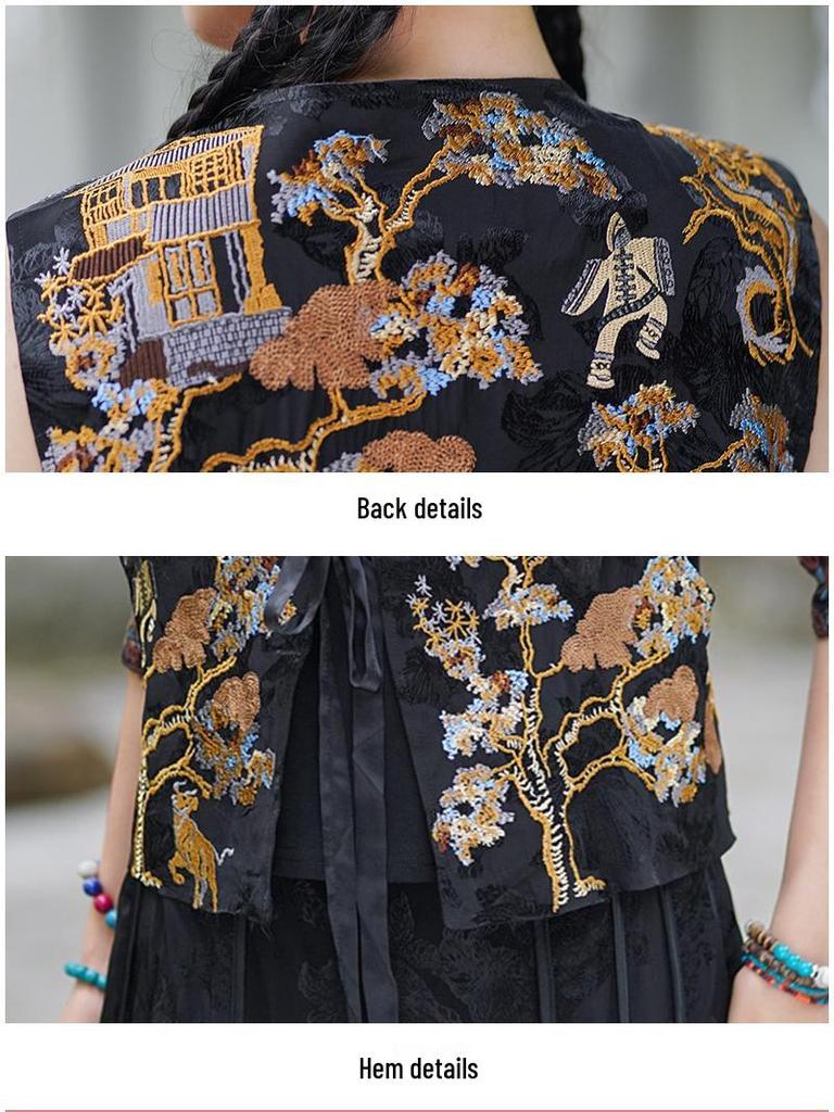 Spring/Summer 2025 Women's Retro Ethnic Embroidered Floral Elastic Waist Long Midi Skirt
