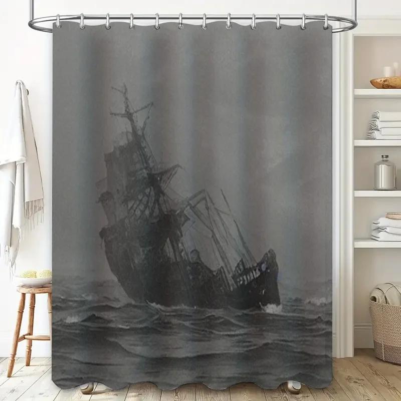 Duschvorhang Grau Piratenschiff Dunkle Fantasy Badezimmerdekoration Wasserdicht Heimdekoration Modern Weiß Badewannen-Set Badezimmer Duschvorhangstange