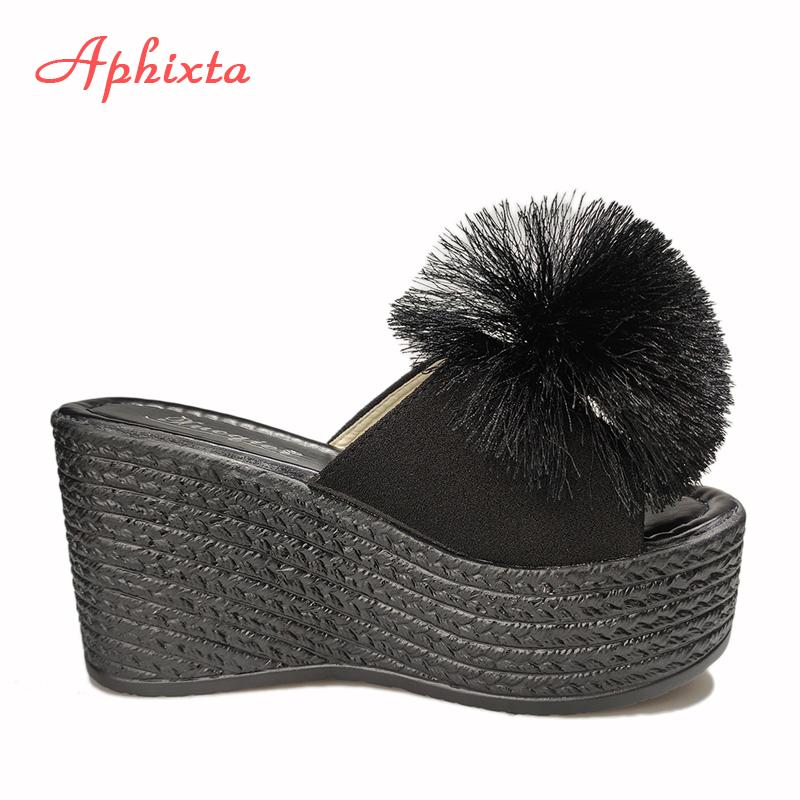 Fashion Aphixta  Hairball 3.54 Inch/9cm Wedge Heels Mule Black Slides Beach Platform Women Slippers Female Sandals Clog Shoes Women