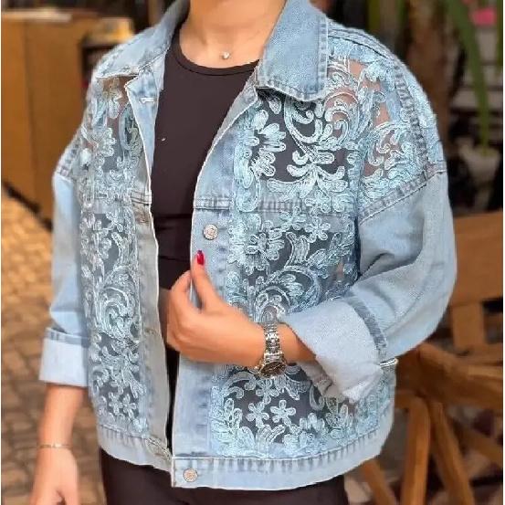 Giacca di jeans da donna con pizzo patchwork, taglio ampio, casual, con revers, manica lunga, monopetto, corta, moda streetwear, capospalla