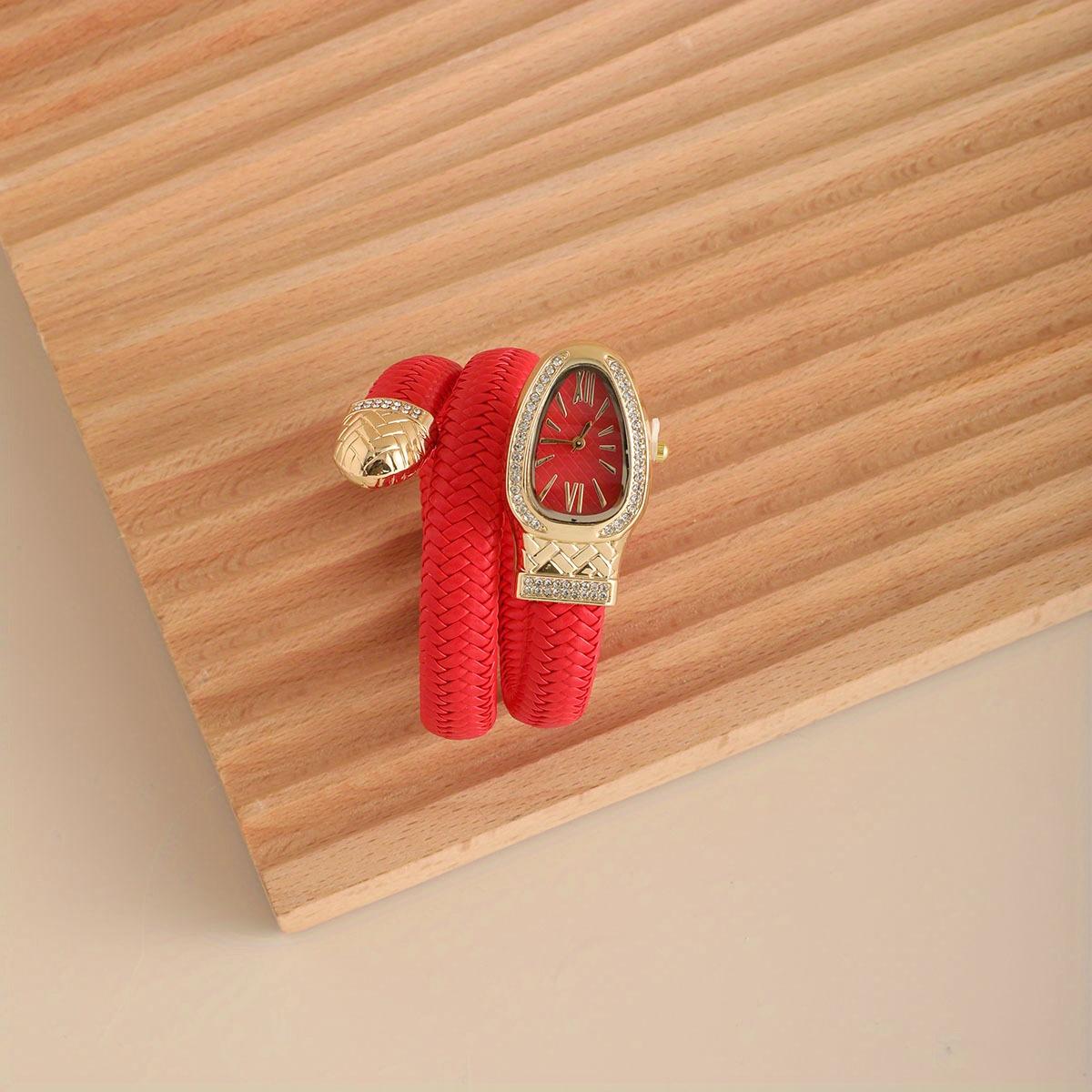 Модные женские кварцевые часы в форме змеи, плетеные, роскошные, со стразами, римский циферблат, наручные часы для девушек, часы Reloj Mujer красный