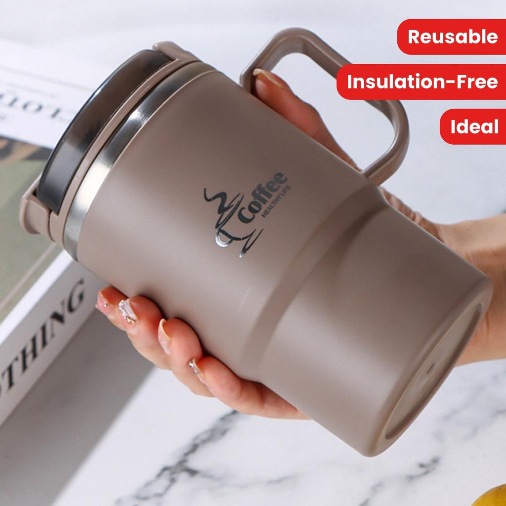 550Ml large stainless steel coffee cup with lid and spoon, reusable travel cup, no insulation, ideal for offices, students, sports, outdoor activities