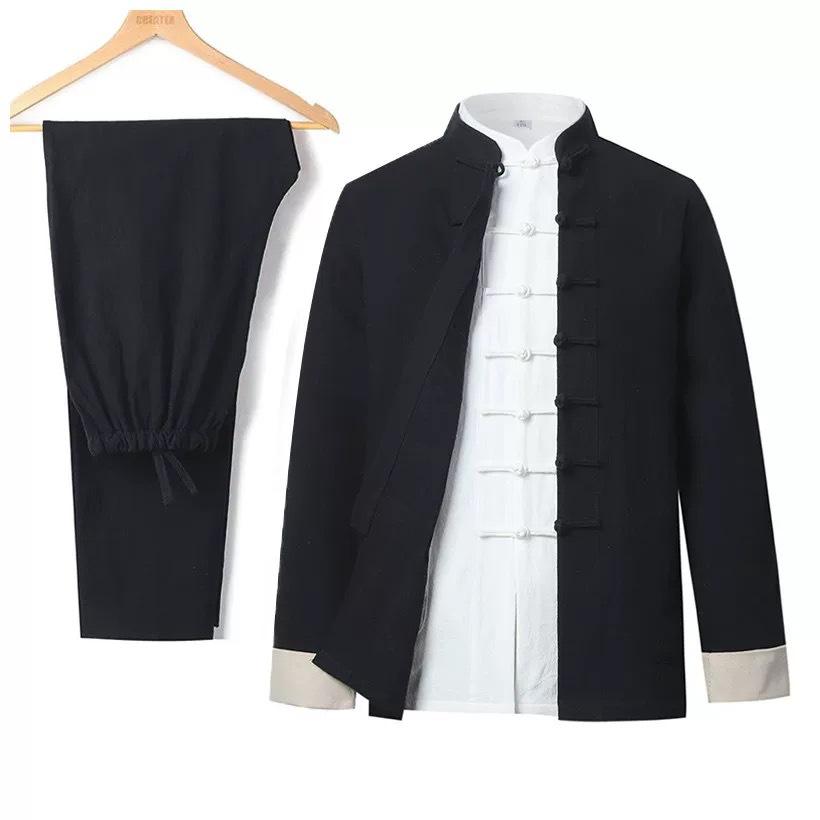 Men's Cotton Linen Three-Piece Tang Suit: Chinese Style Frog Button Hanfu, Retro Lay Buddhist Robe, Tea Attire