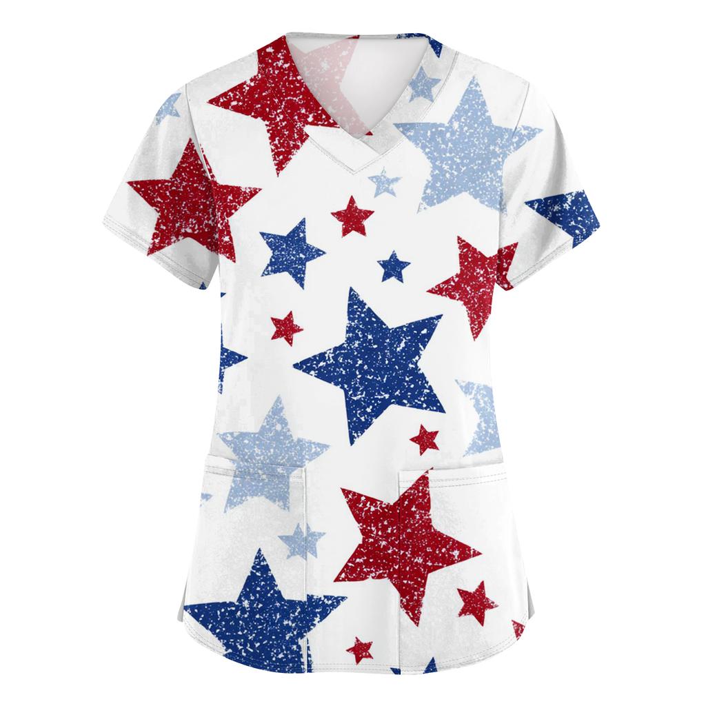 Women's Fashionable V-Neck Short-Sleeved Work Top With Pockets And Independence Day Print  Uniform