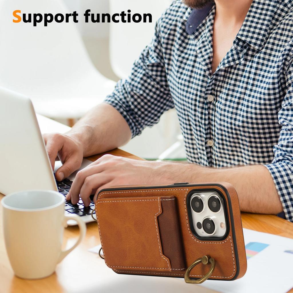 Vertical Cards Solt Ring Holder Leather Wallet Case For iPhone 15 16 Pro Max 14 Plus 13 12 11 XS XR SE2022 Stand Strap Bag Cover