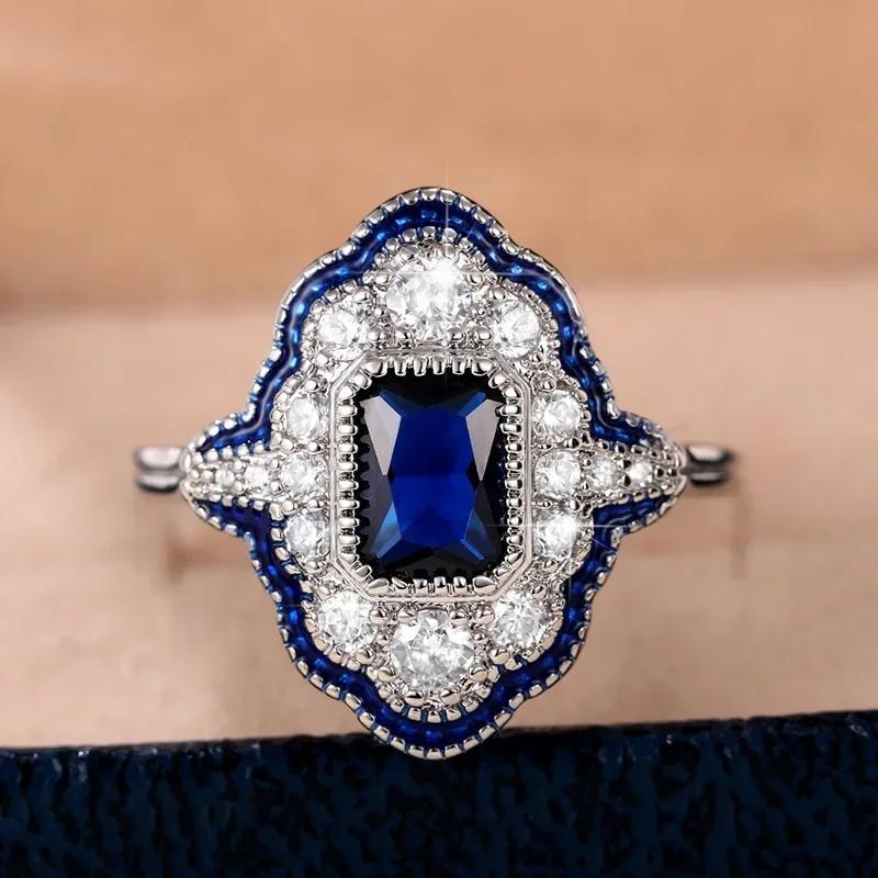 2026 New Blue Cube Zircon Attends Banquet Ring Fashionable, Elegant, High End Women's Bridal Luxury Inlaid Jewelry Accessories