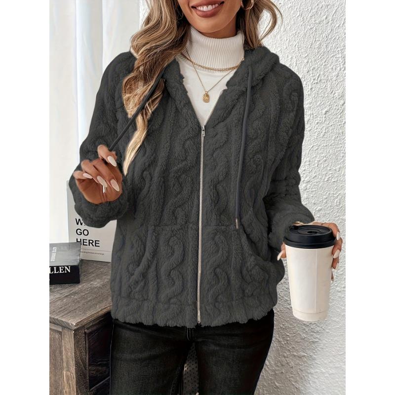Women Double Sided Fleece Drawstring Hooded Zipper Open Cardigan Casual Autumn Winter Outerwear