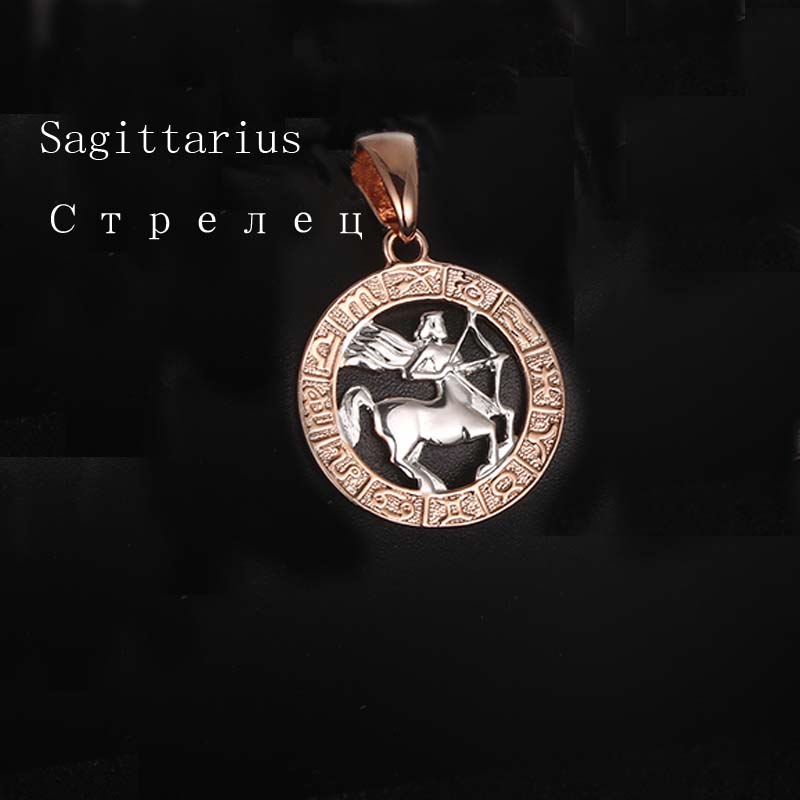 FJ 12 Zodiac Sign 585 Gold Color Constellation Rose Pendants Capricorn/Gemini Twisted + 50cm Chain Women Men Zircon