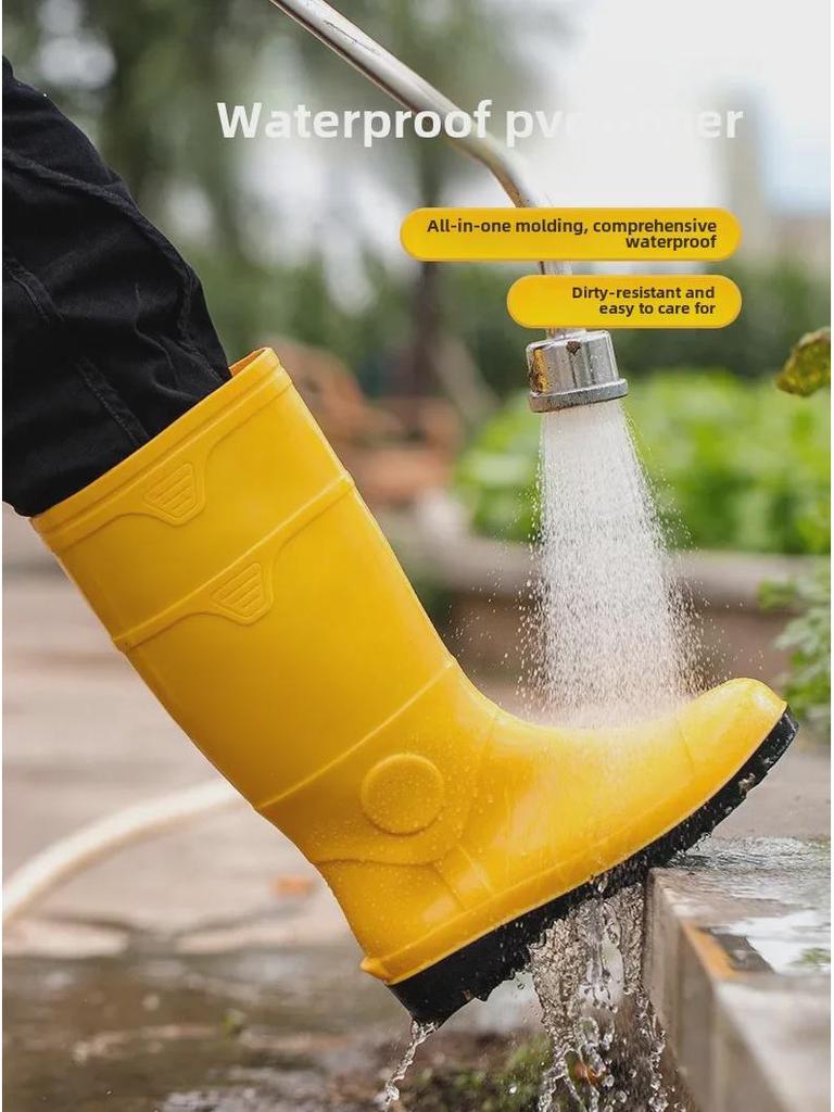 Men's Yellow Rain Boots: Mid To High Tube, Steel Toe, Anti-Smash, Anti-Puncture, Acid and Oil Resistant.