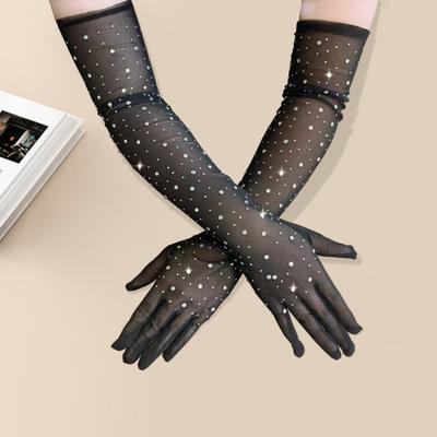 1 pereche de mâneci de bal pentru femei, plasă transparentă, decor cu strasuri, ultra subțiri, fără degete