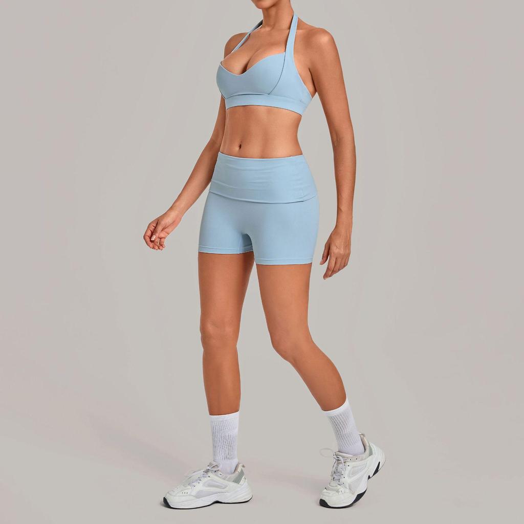 Women's Halter Backless Pleated Yoga Set - Tight Fit, Hip-Revealing Sportswear