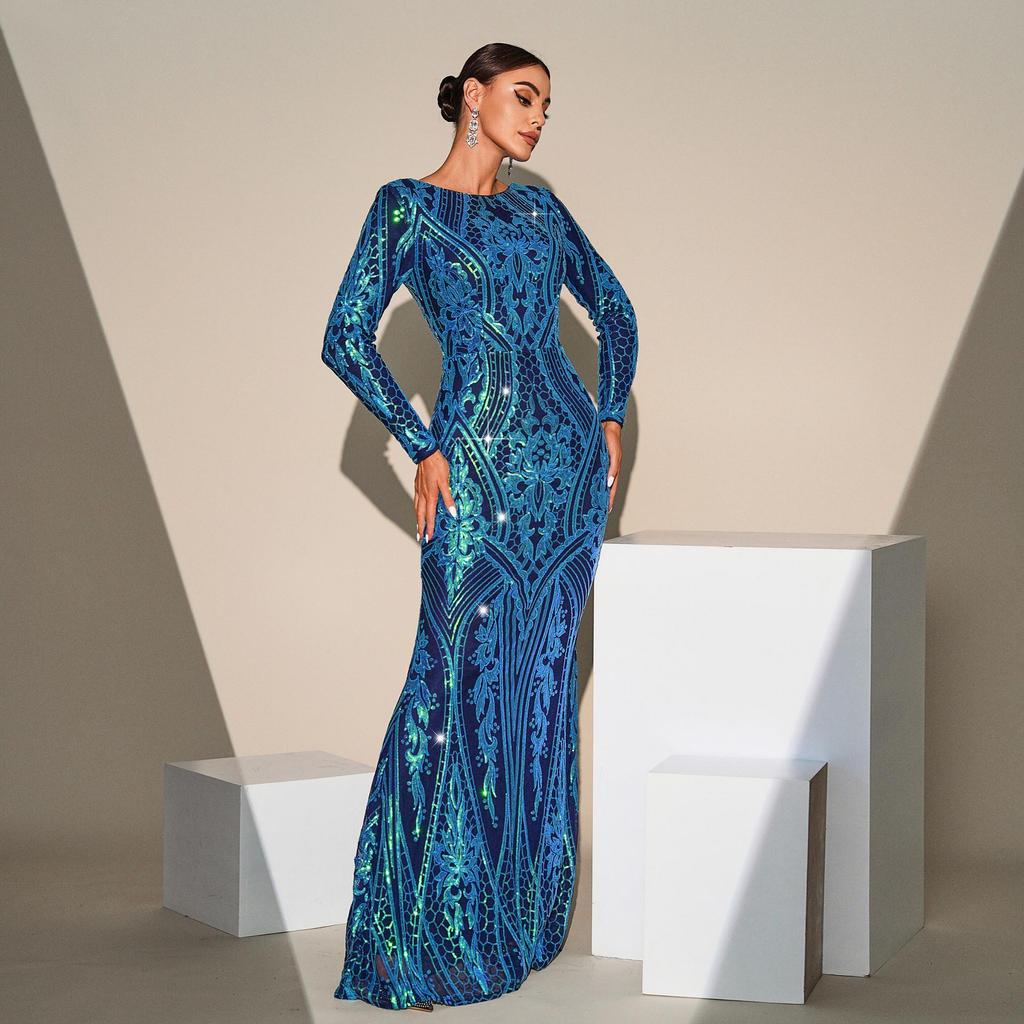 Vestido de Noche Elegante Europeo y Americano de Manga Larga con Lentejuelas y Malla para Dama de Honor