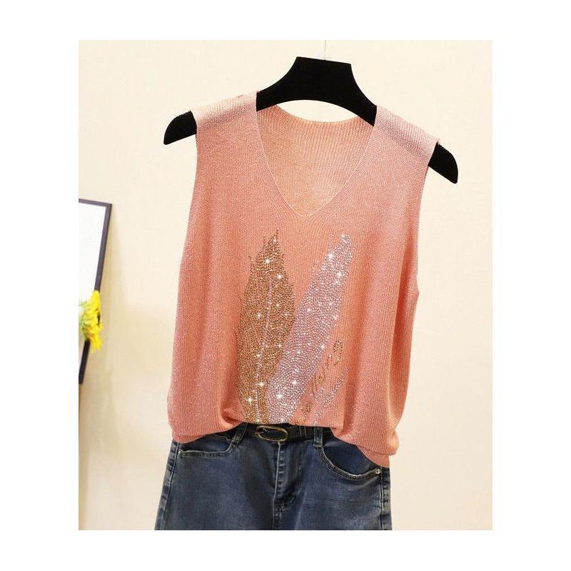 Loose Interior Plus Plus Sleeveless Ice Silk Knit Top with Rhinestones, V-neck Camisole, Women's Summer