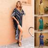 Bikini Cover Up Dress V-Neck Short Sleeve Loose Fit Robe Beach Sun Top Ethnic Style Pattern Side Slit Long Beach Dress