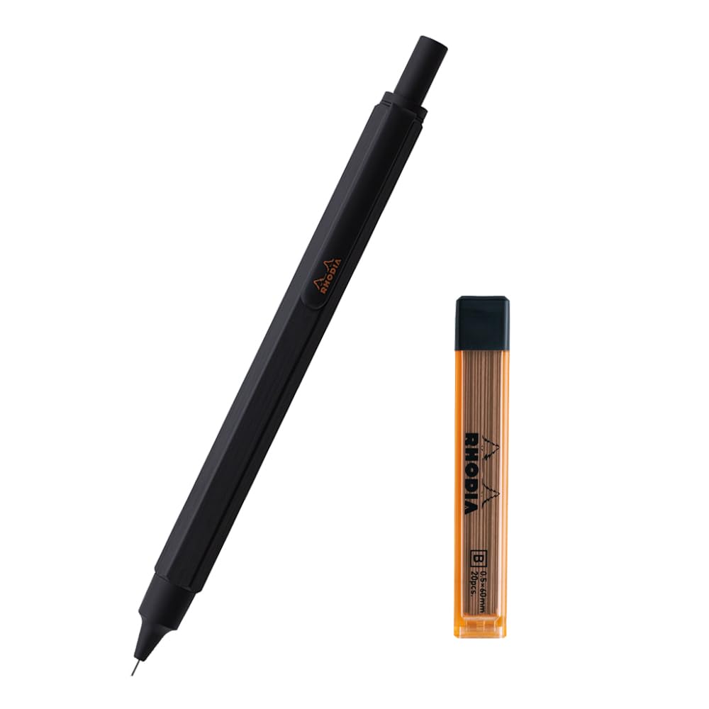 Rhodia Mechanical Pencil Script Refill Hexagonal Aluminum Body with Hairline Limited Includes One Refill Lead Set, 0.5mm, Barrel, Finish, Black,