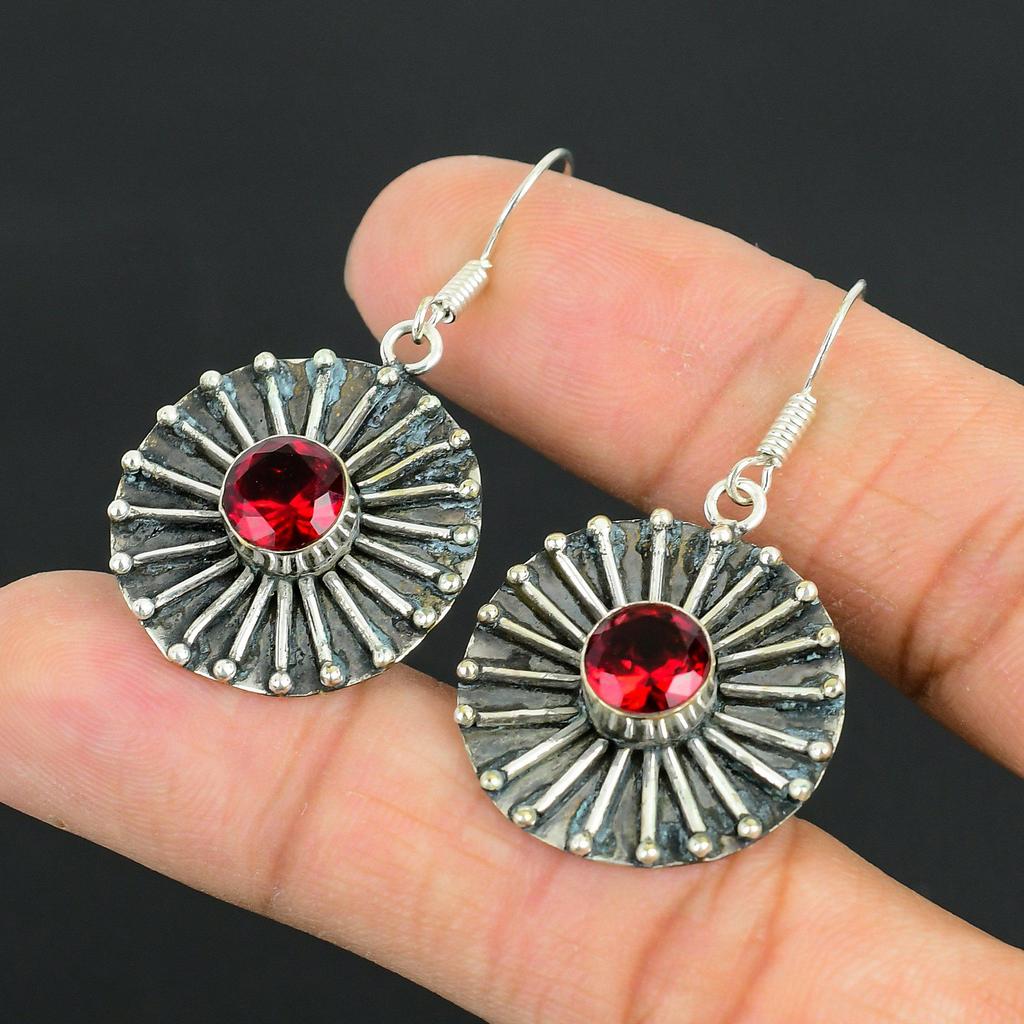 Round Mozambique Garnet Stone 925 Sterling Silver Dangling Wedding Hook Earrings