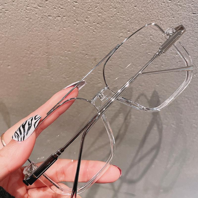Retro Oversized Square Semi-Metal Transparent Glasses Frame For Women Anti-Blu-Ray Double Bridges Glasses Woman Optical