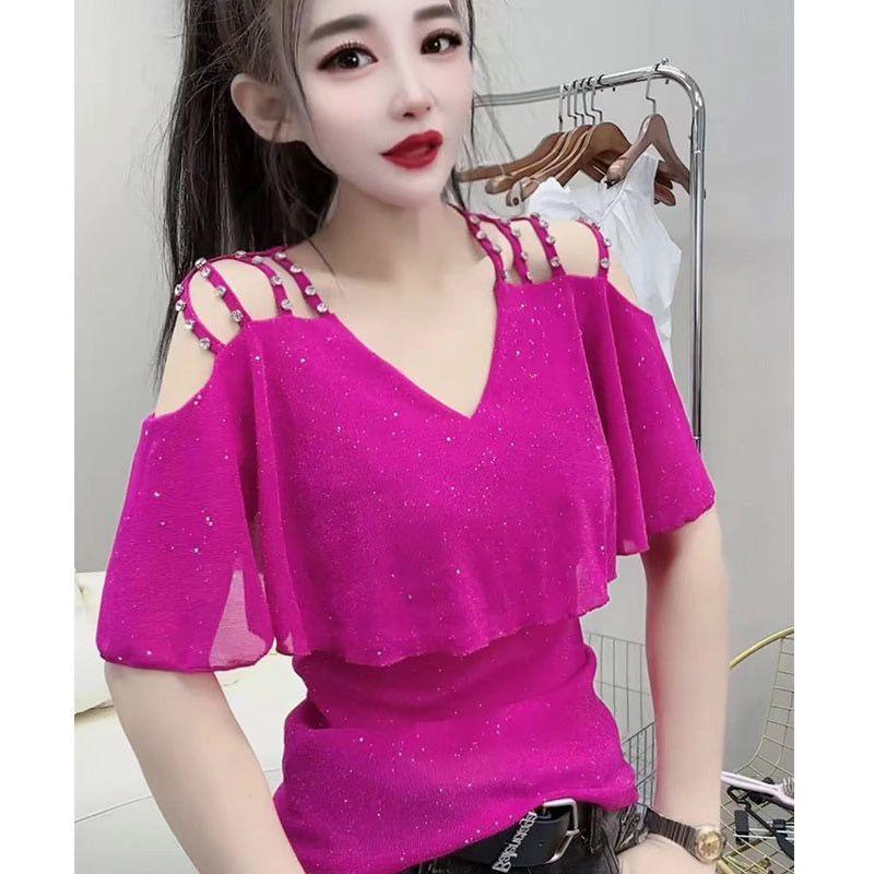 2025 Summer Slimming Stylish V-Neck Ruffle Off-the-Shoulder Beaded Mesh Short-Sleeve Women's Top