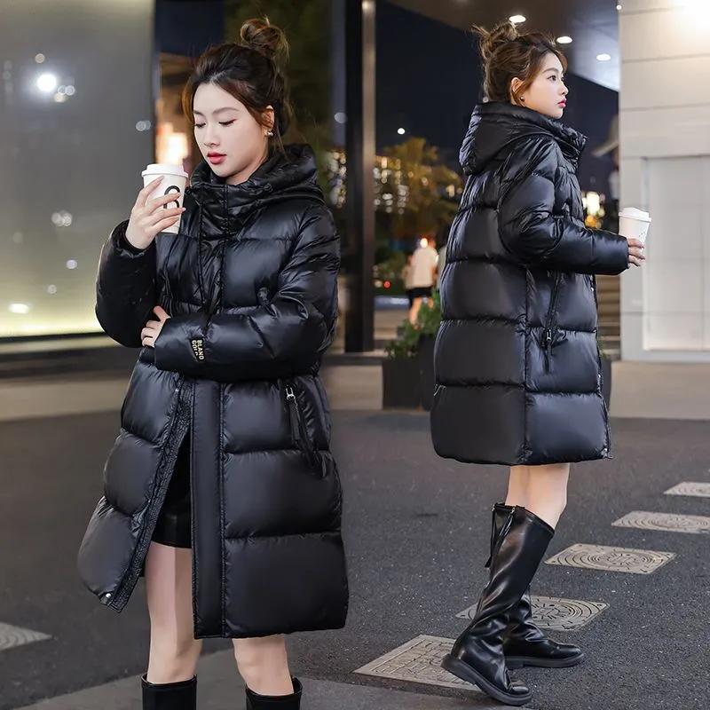 Casaco Grosso de Inverno com Penas Jaqueta Puffer Longa Quente e Fofa Feminina Parkas Casaco de Moda Feminina com Capuz