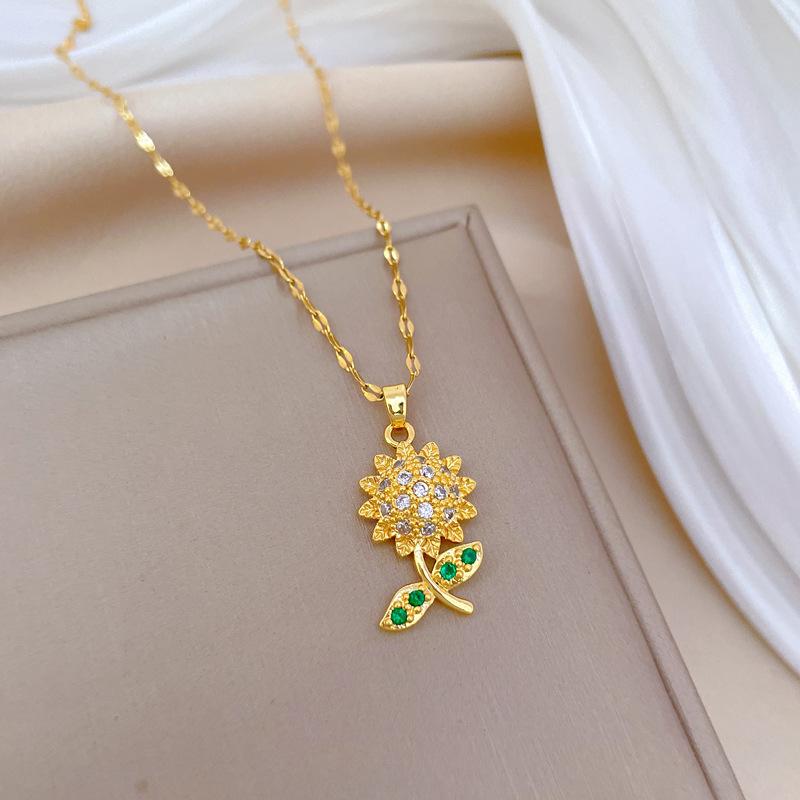 Leaf Sunflower Light Luxury Temperament Gorgeous Full Diamond Necklace Female Versatile Collarbone Chain Titanium Steel Chain