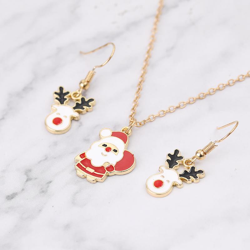 Christmas Collection Jewelry Set Reindeer Head Drop Earrings Santa Claus Charm Necklace Xmas Gift For Women Girls