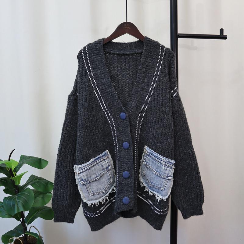 Splicing denim pocket knitted cardigan autumn and winter new loose lazy style temperament sweater jacket women