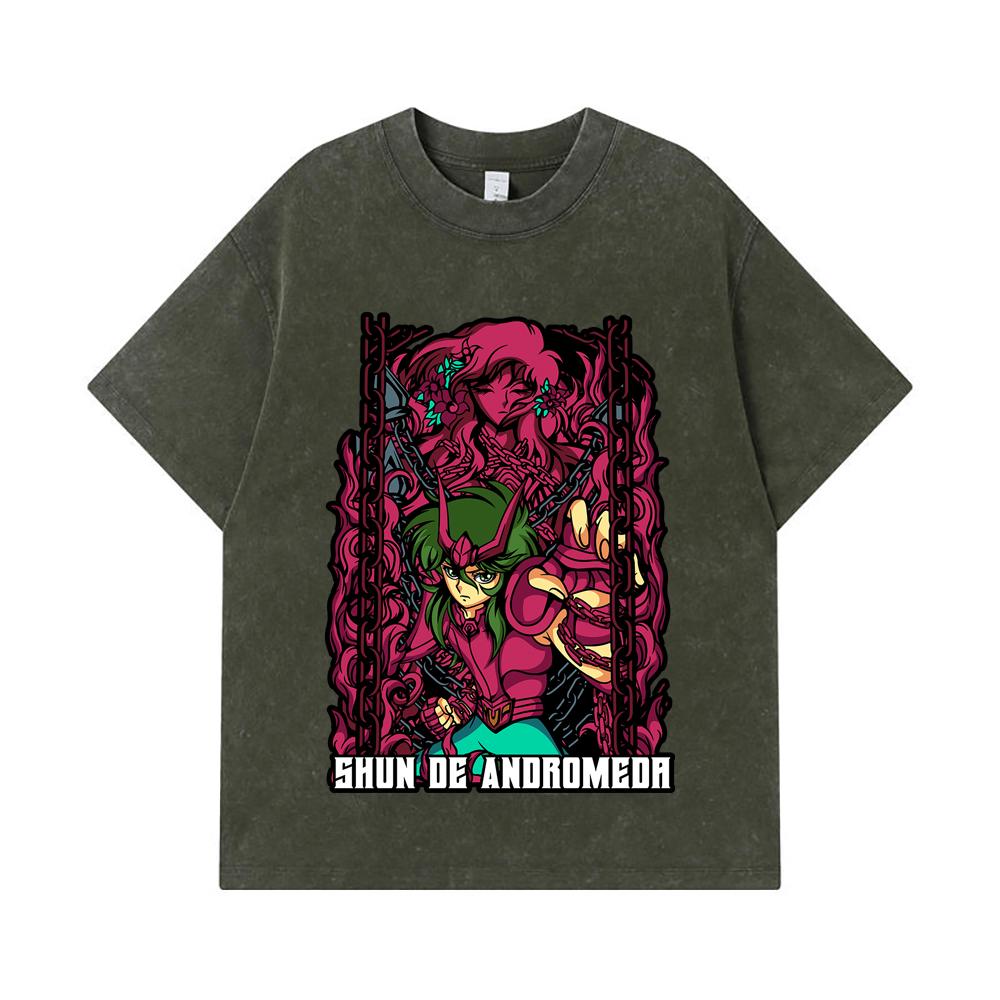 

275 GSM Washed T-shirts 100% Cotton Saint Seiya V17 Shun Print Unisex Heavy Cotton T Shirt S