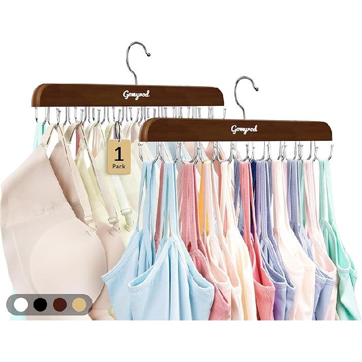 Wieszak na biustonosze do szafy, Wieszaki na topy 2 szt. z 20 haczykami, Mieści 40 biustonoszy, Składany drewniany wieszak oszczędzający miejsce, Obrotowy o 360° Organizery do szafy