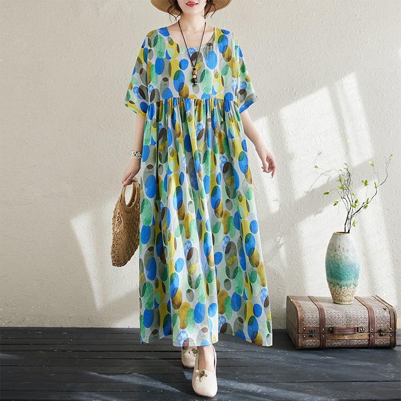 Short Sleeve Plus Size Cotton Vintage Polka Dot New In Dresses for Women Casual Loose Long Summer Dress