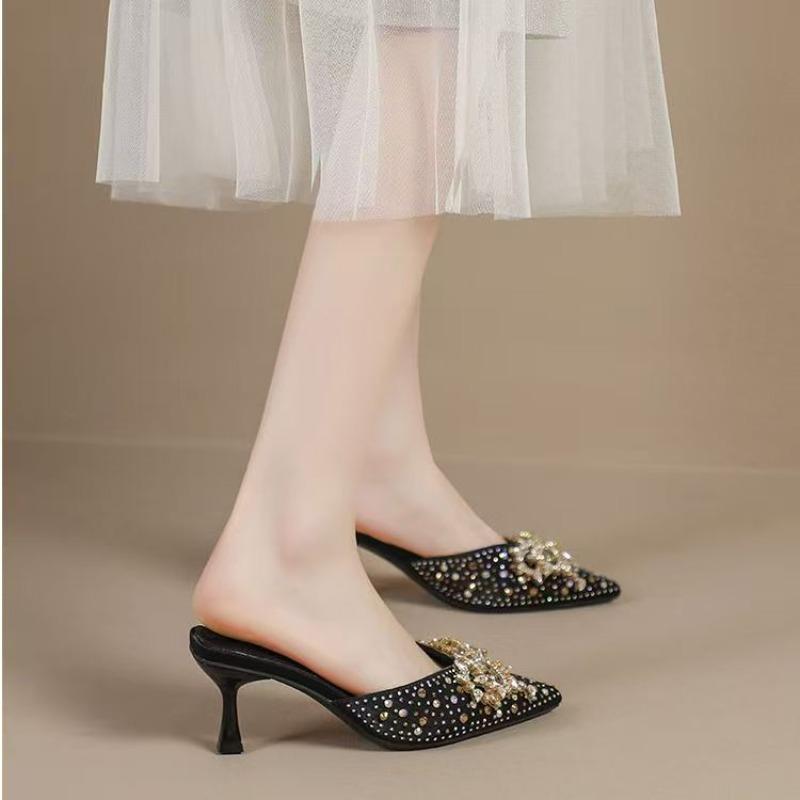 Temperament High Heels Summer New Pointy Head Shallow Mouth Glitter Butterfly Knot Set Foot Anti-slip Wear-resistant High Heels