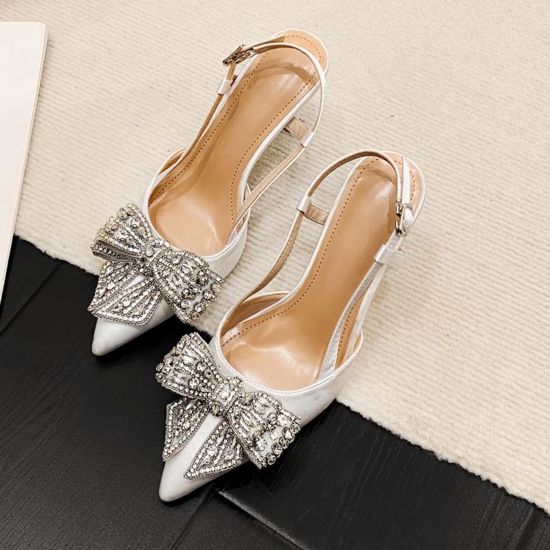 Autumn Style, Fashionable And Versatile Pointed Toe Rhinestone Bow Wedding Shoes With Open Back.