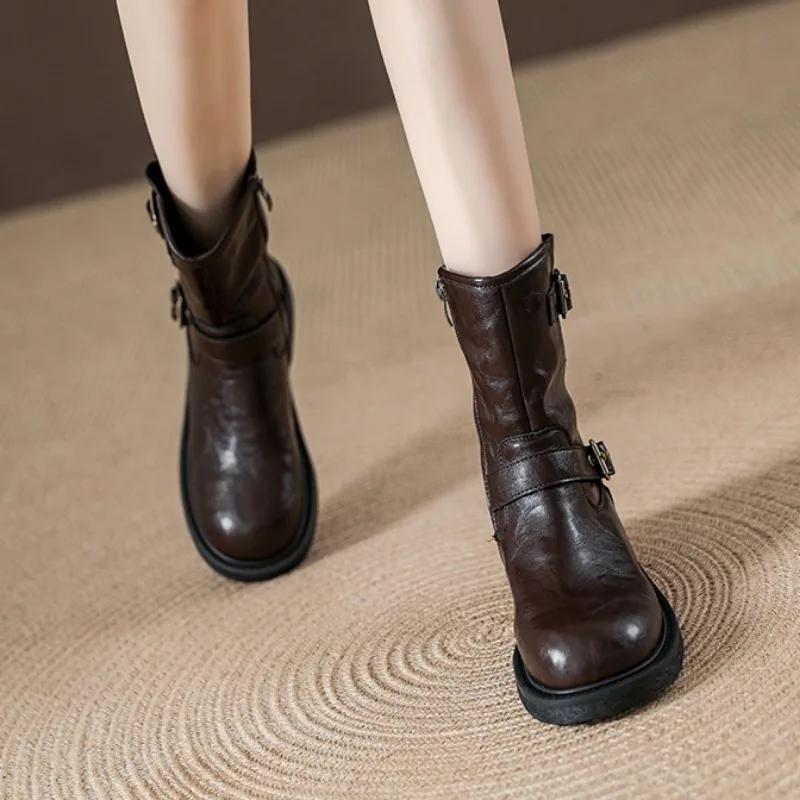 Fashion Retro Cowhide Western Cowboy Platform Boots for Women Designer Soft-soled Women's Shoes Fashion Non-slip Ankle Boots Female