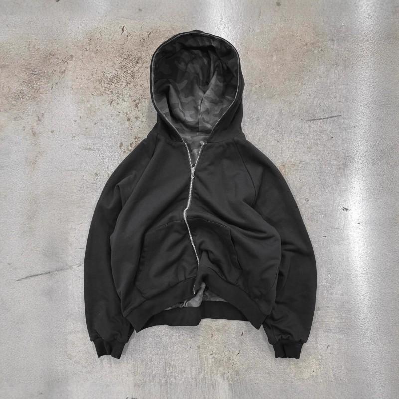 Camouflage Patchwork Hooded Zip-Up Sweatshirt Unisex Streetwear Oversized Casual Pullover