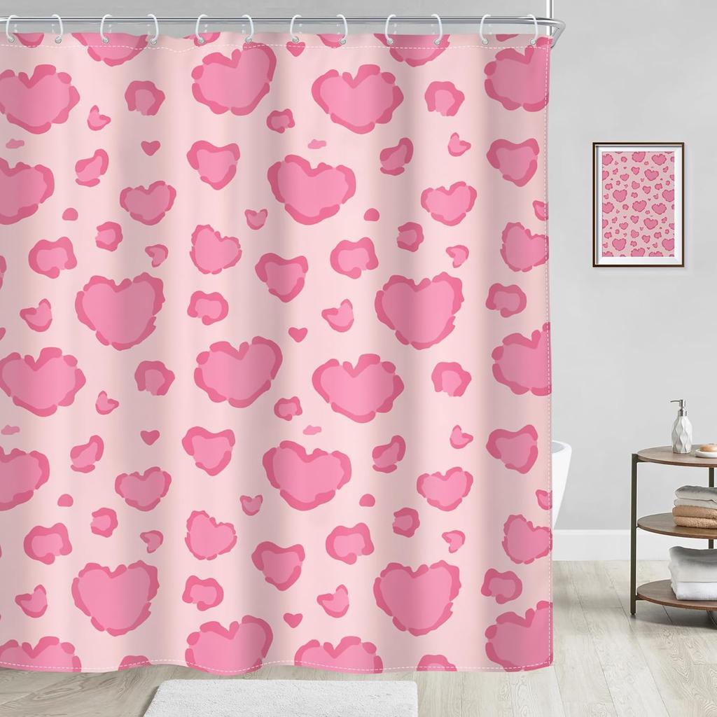 Pink Heart Shower Curtain Valentine's Day Romantic Love Pattern Waterproof Polyester with 12 Hooks