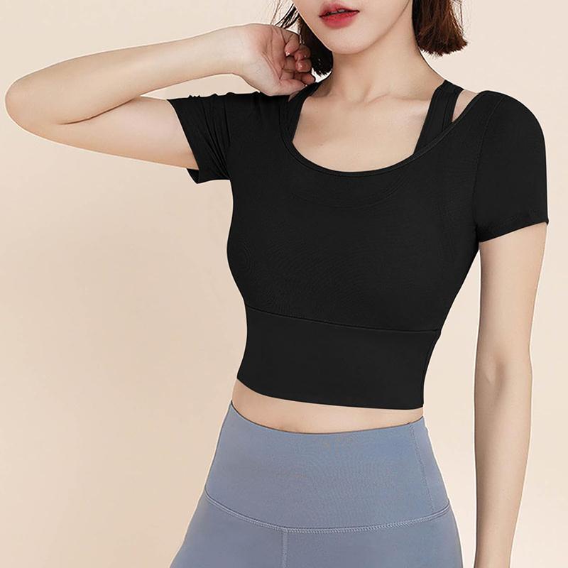 

Женская сетчатая одежда для йоги из двух частей с коротким рукавом, для работы, с красивой открытой спиной, спортивная одежда для фитнеса, футболка S чёрный